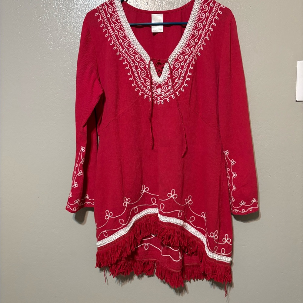 Pinkish Embroidered Boho Tunic with Fringe Size L